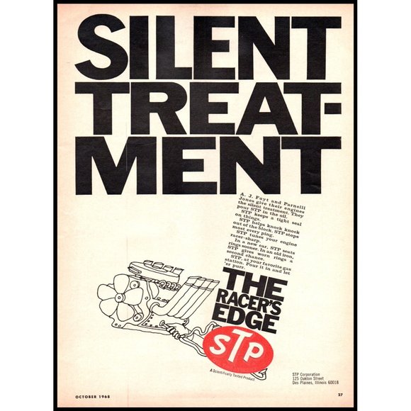1968 STP Engine Oil Silent Treatment Additive Vintage Print Ad Wall Art Decor - Picture 1 of 1